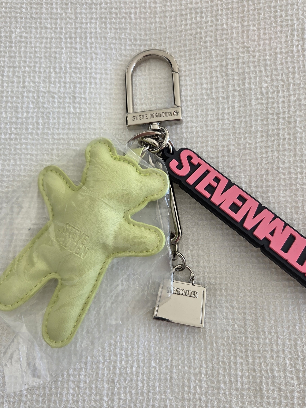 Steve Madden Neon Lime Teddy Key Charm with Pink Logo Tag